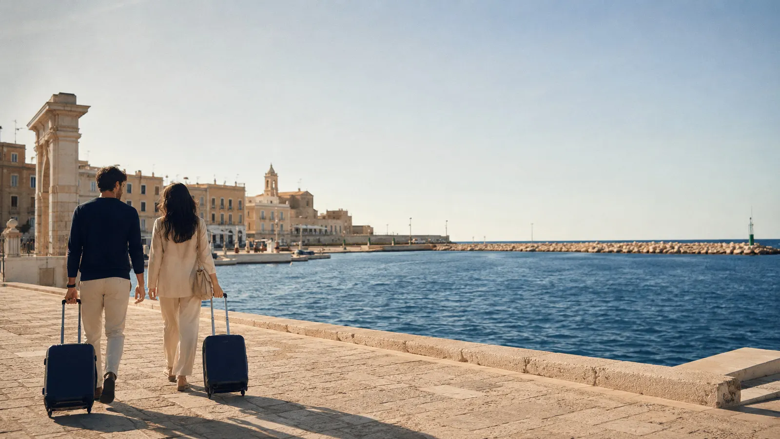 Couple avec valises se dirigeant vers le port de Civitavecchia avant une croisière