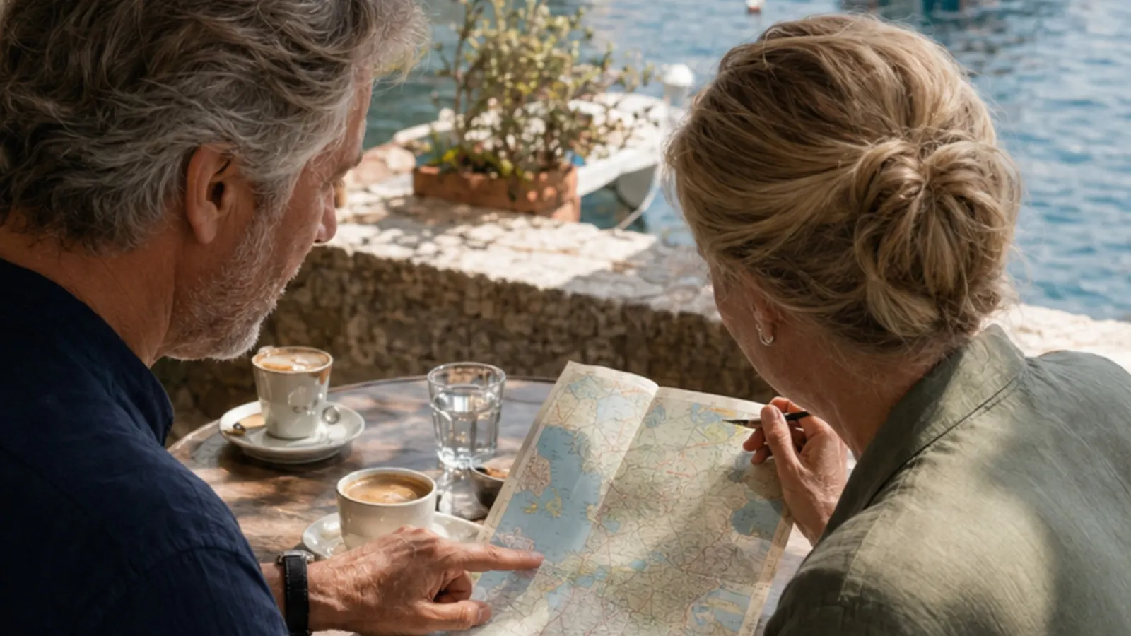 Voyageuse préparant une escale avec carnet et plan face à une ville portuaire