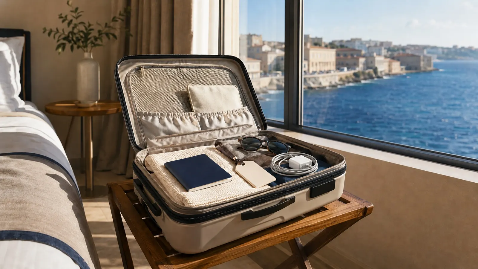 Valise cabine ouverte et essentiels de voyage préparés face à la Méditerranée