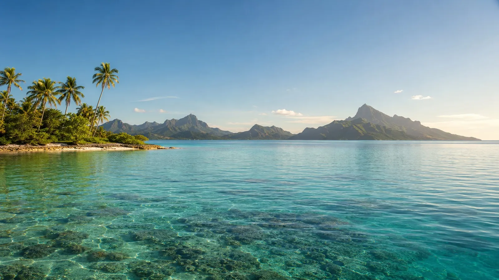 Lagon polynésien, motu bordé de palmiers et reliefs volcaniques au loin