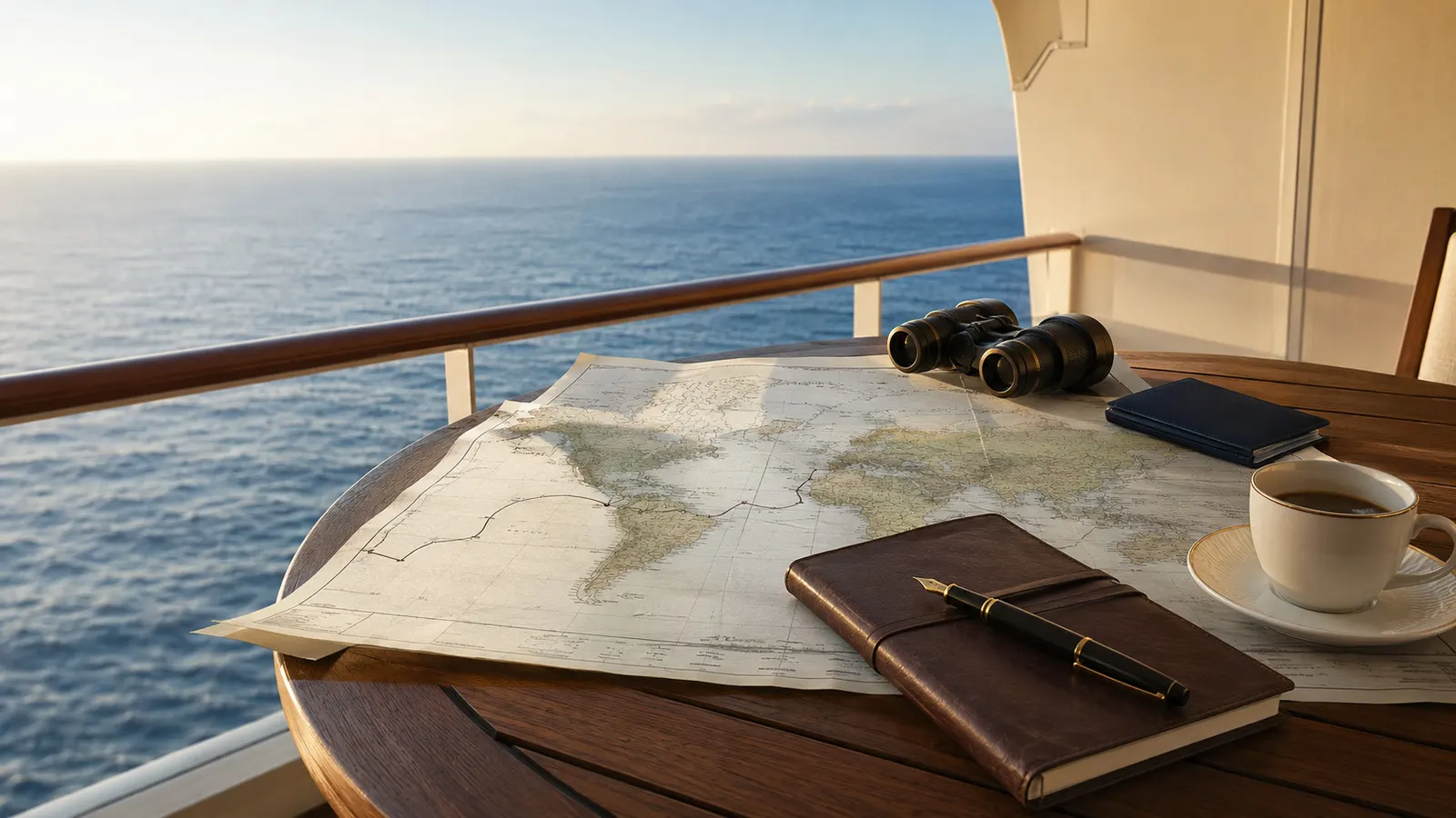 Carte du monde, carnet, jumelles et café sur un balcon face à l'océan