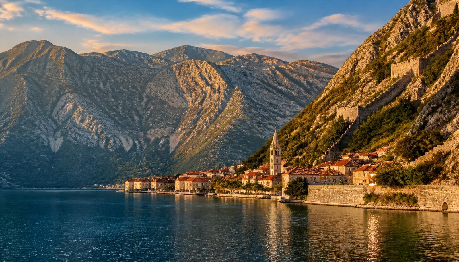 Baie de Kotor au coucher du soleil, montagnes karstiques et remparts anciens