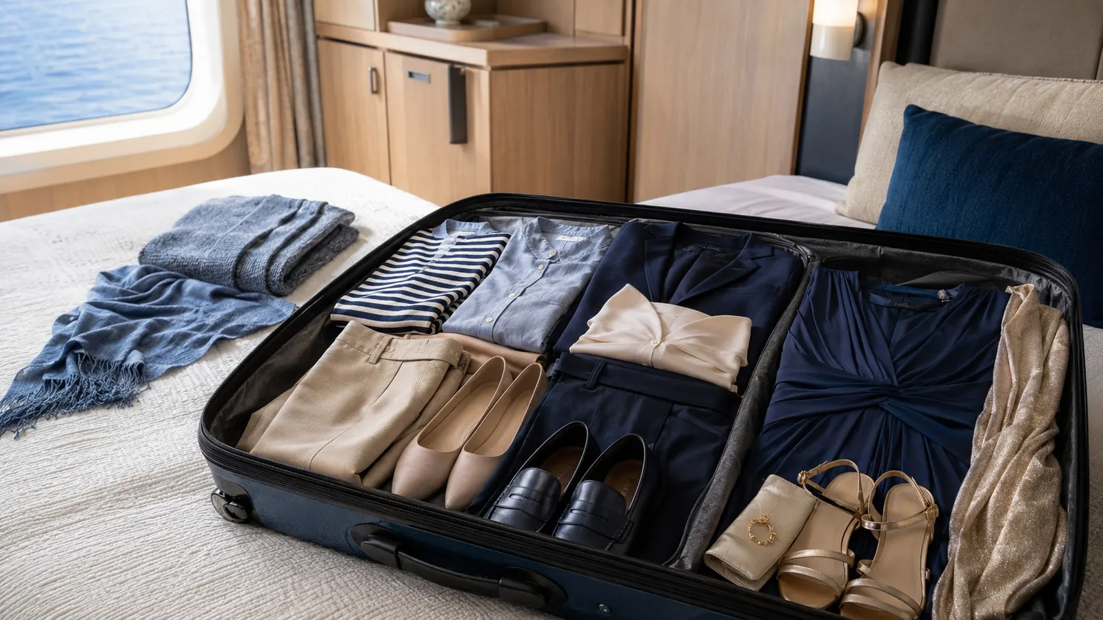 Valise de croisière avec tenues de journée, smart casual et soirée élégante