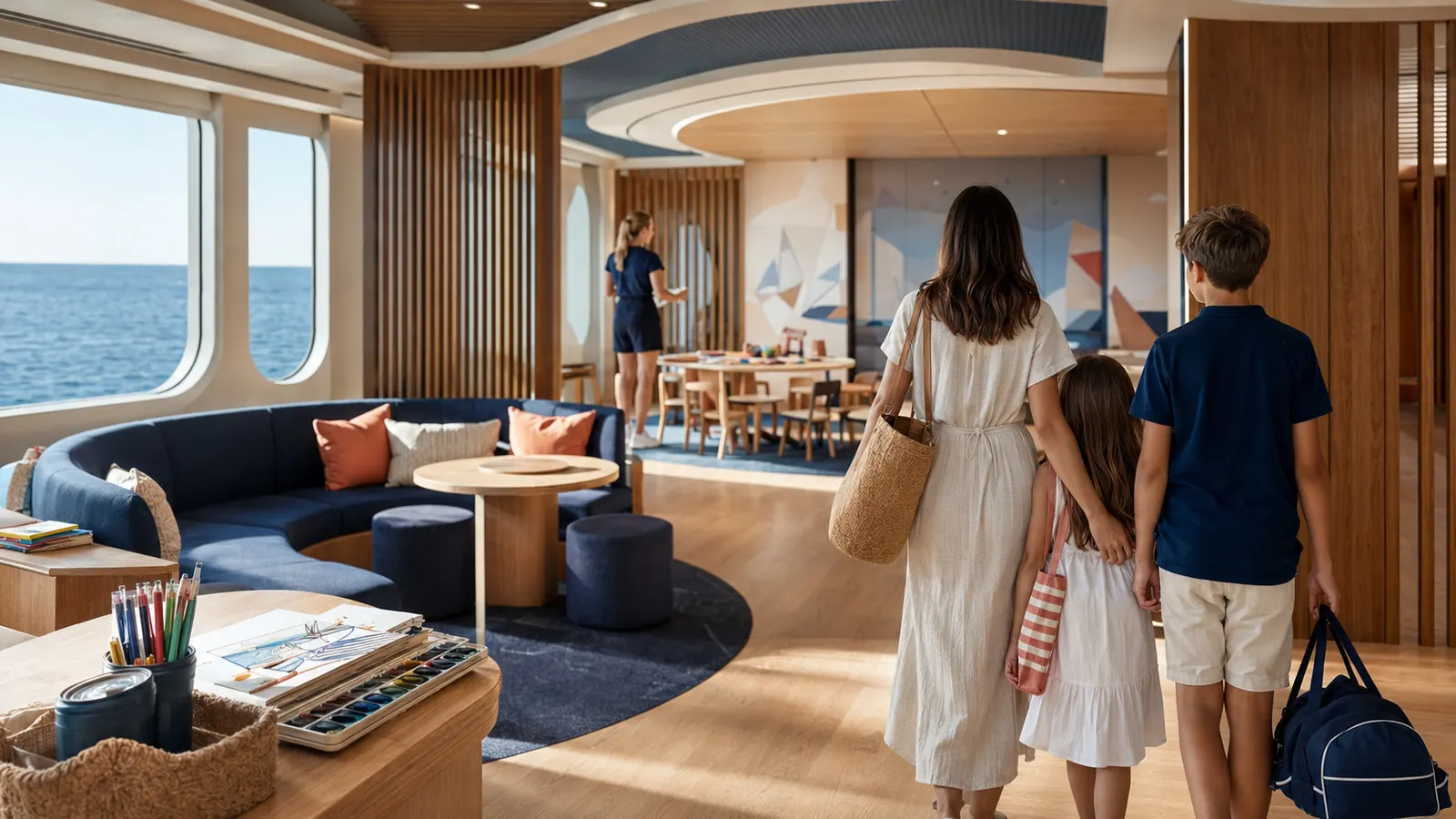 Parent et enfants entrant dans un club jeunesse à bord d’un navire de croisière