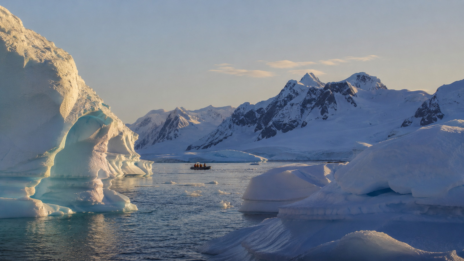Icebergs et montagnes enneigées de la péninsule Antarctique en fin de journée, avec un Zodiac au loin
