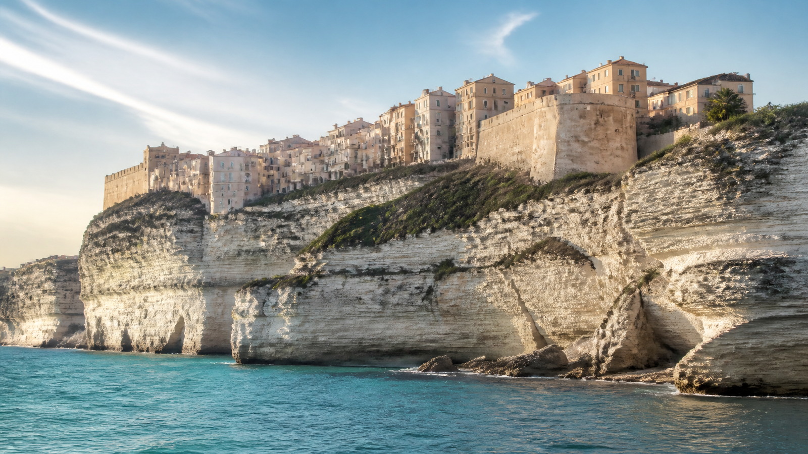 Falaises calcaires blanches de Bonifacio surmontées de la haute ville fortifiée, vues depuis la mer