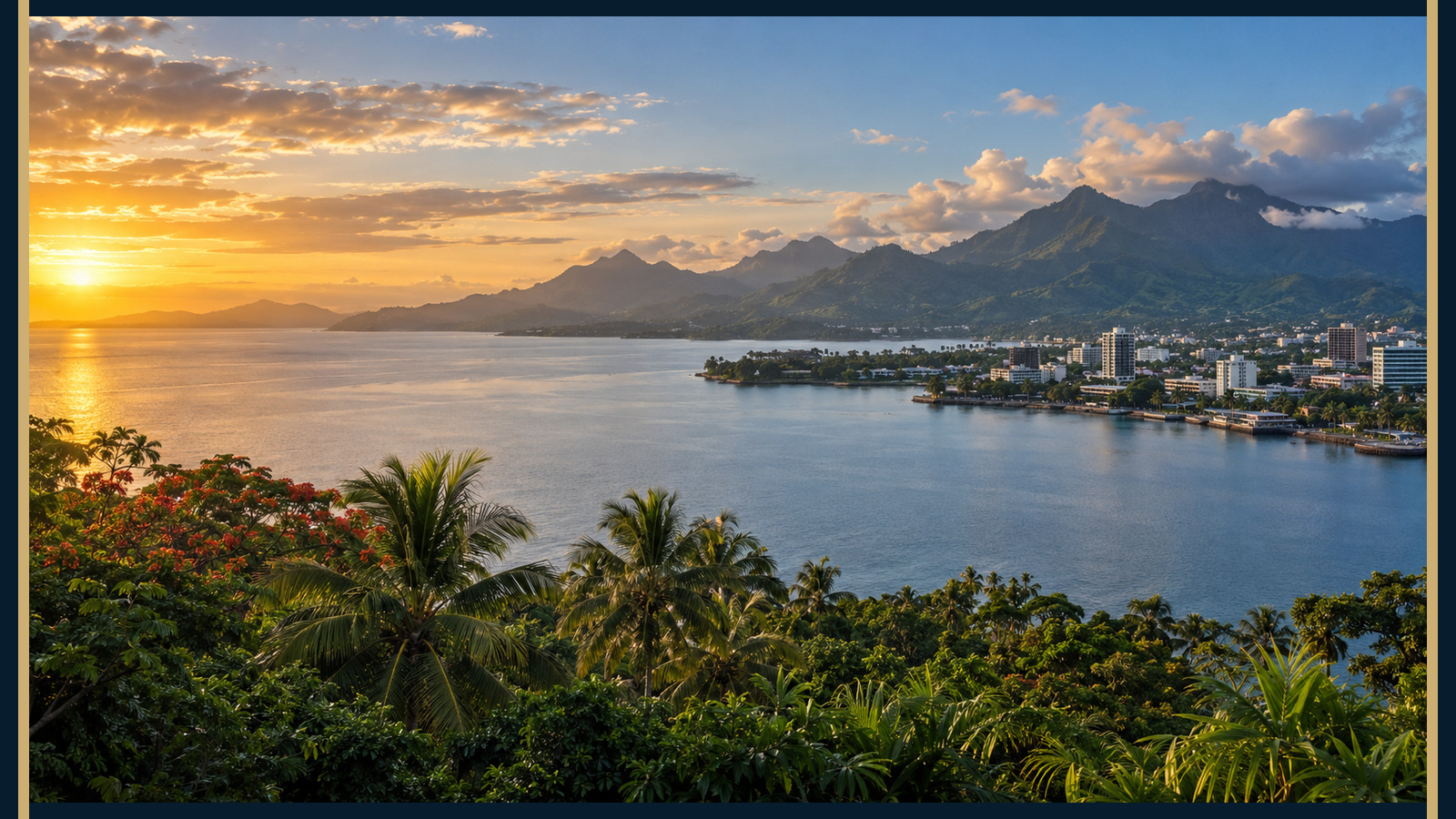 Panorama côtier de Viti Levu entre ville tropicale, baie et reliefs fidjiens
