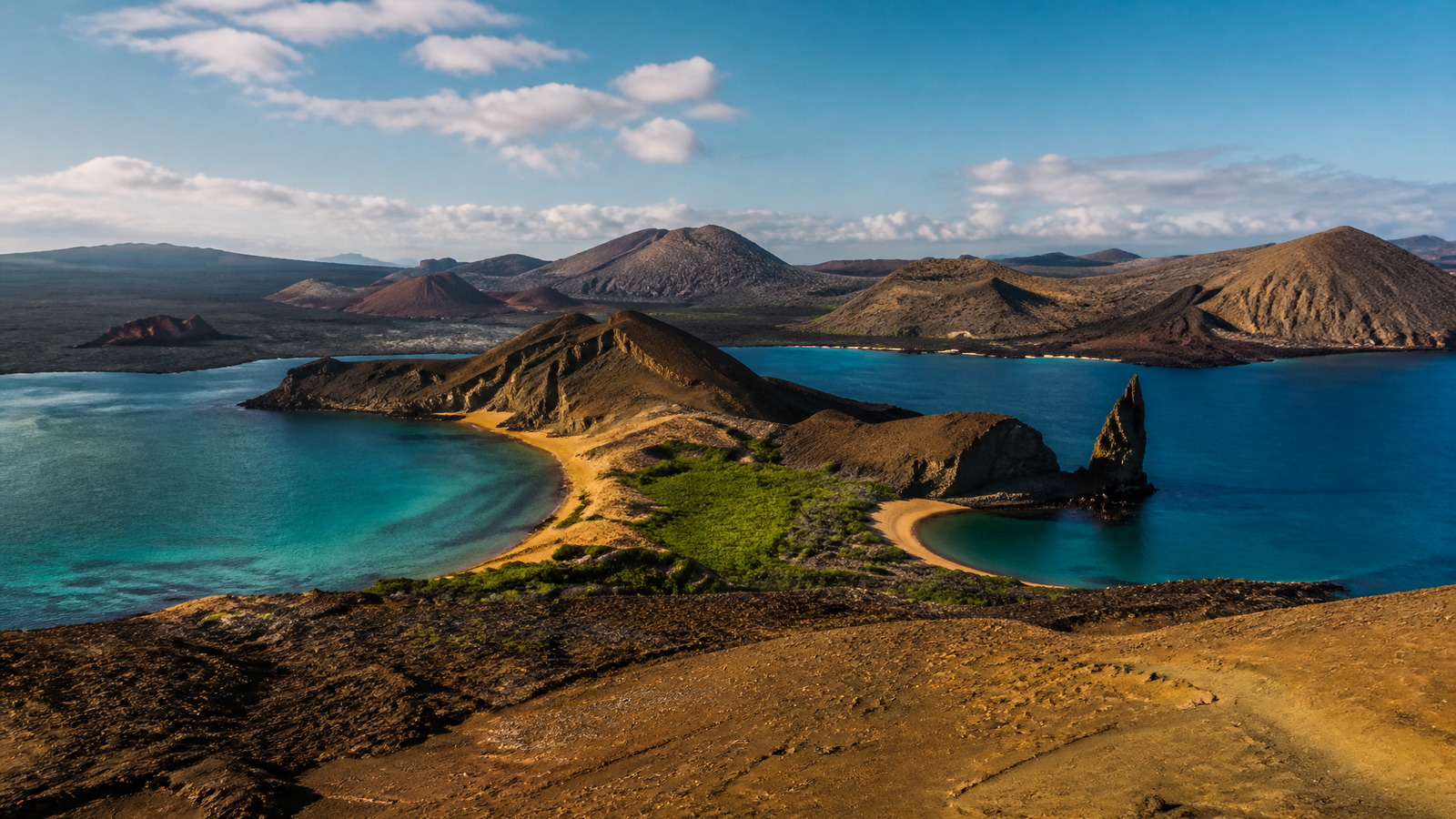 Paysage volcanique des Galápagos entre reliefs sombres et eaux du Pacifique