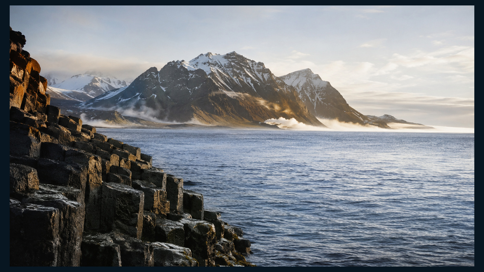 Côte de basalte et montagnes enneigées d'Islande au lever du jour