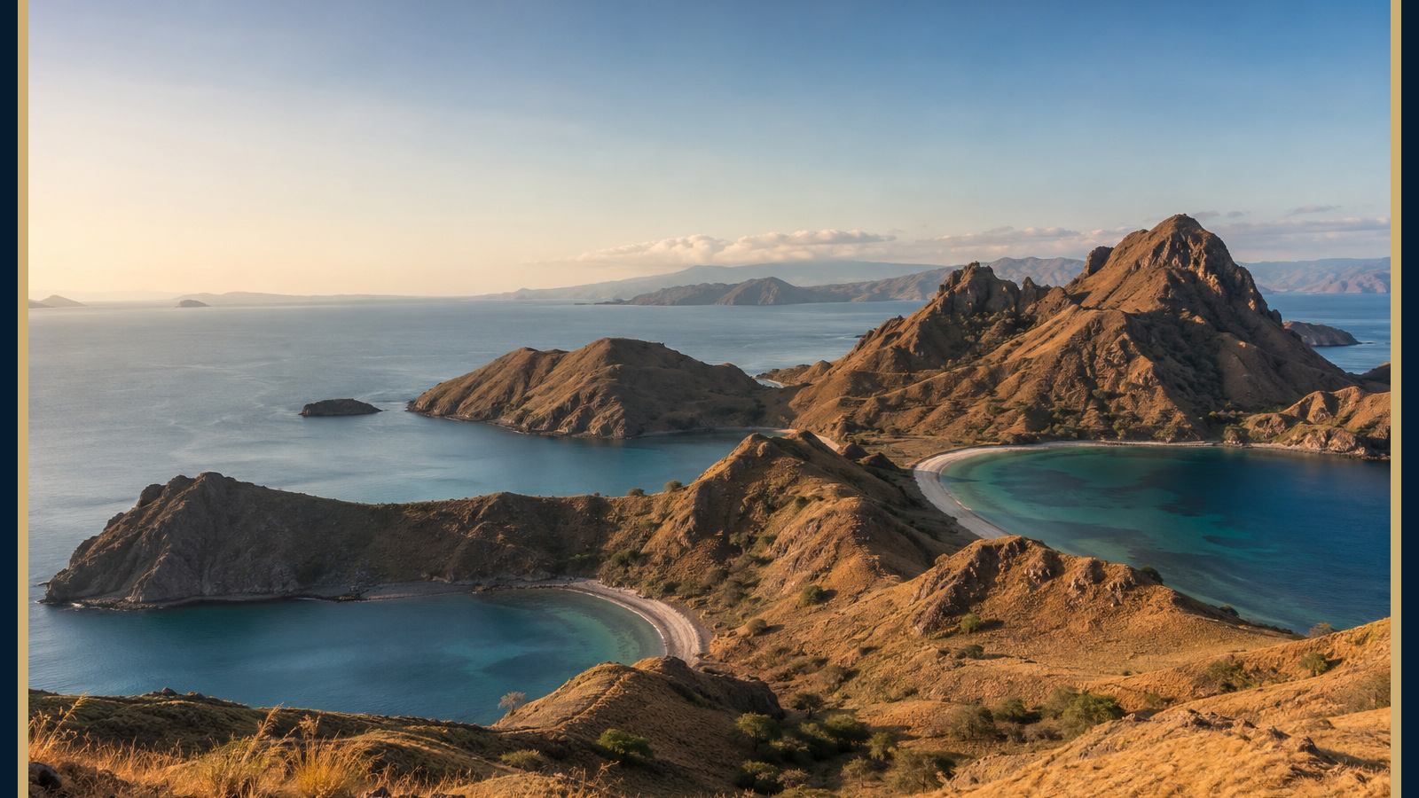 Baies turquoise et reliefs de savane sèche dans un archipel volcanique évoquant Komodo