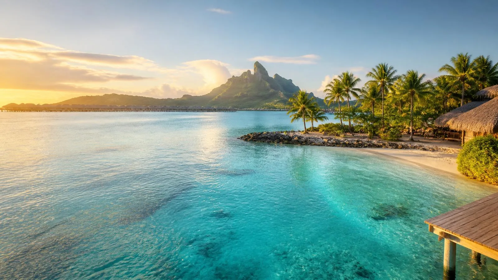 Lagon turquoise de Polynésie française bordé de cocotiers avec un relief volcanique à l'horizon