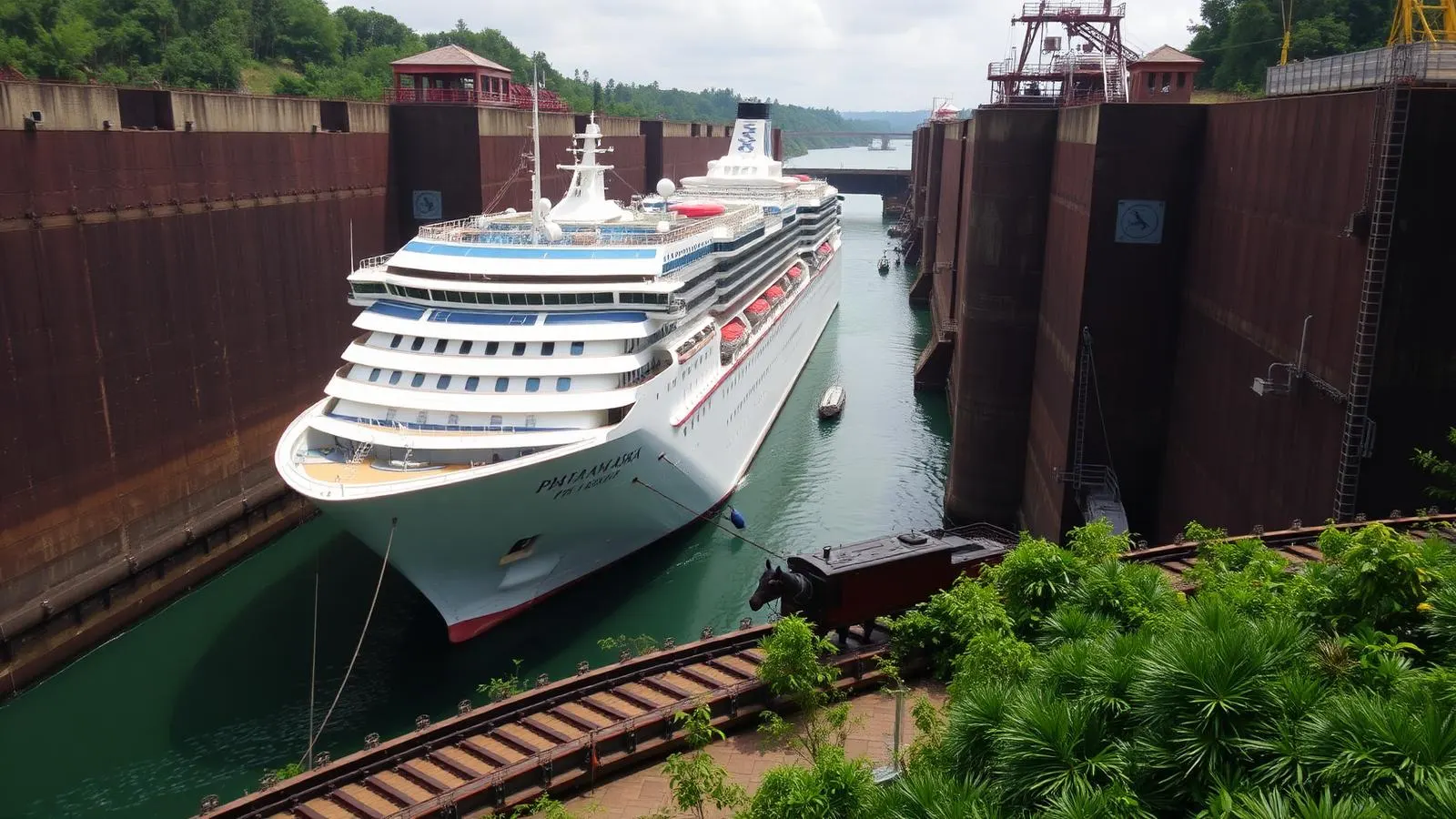 Grand navire de croisière progressant dans une écluse tropicale du canal de Panama