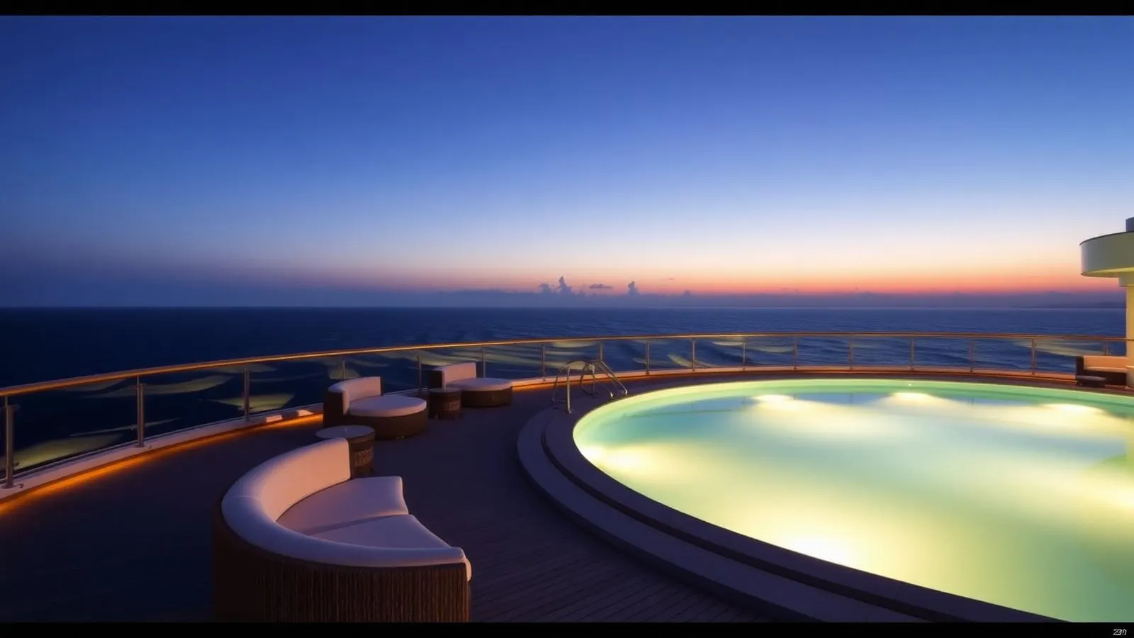 Pont supérieur d’un navire de croisière contemporain avec pool club au coucher du soleil