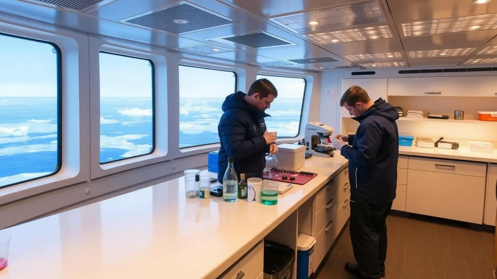 Laboratoire scientifique à bord d’un navire polaire d’expédition, vue sur la banquise
