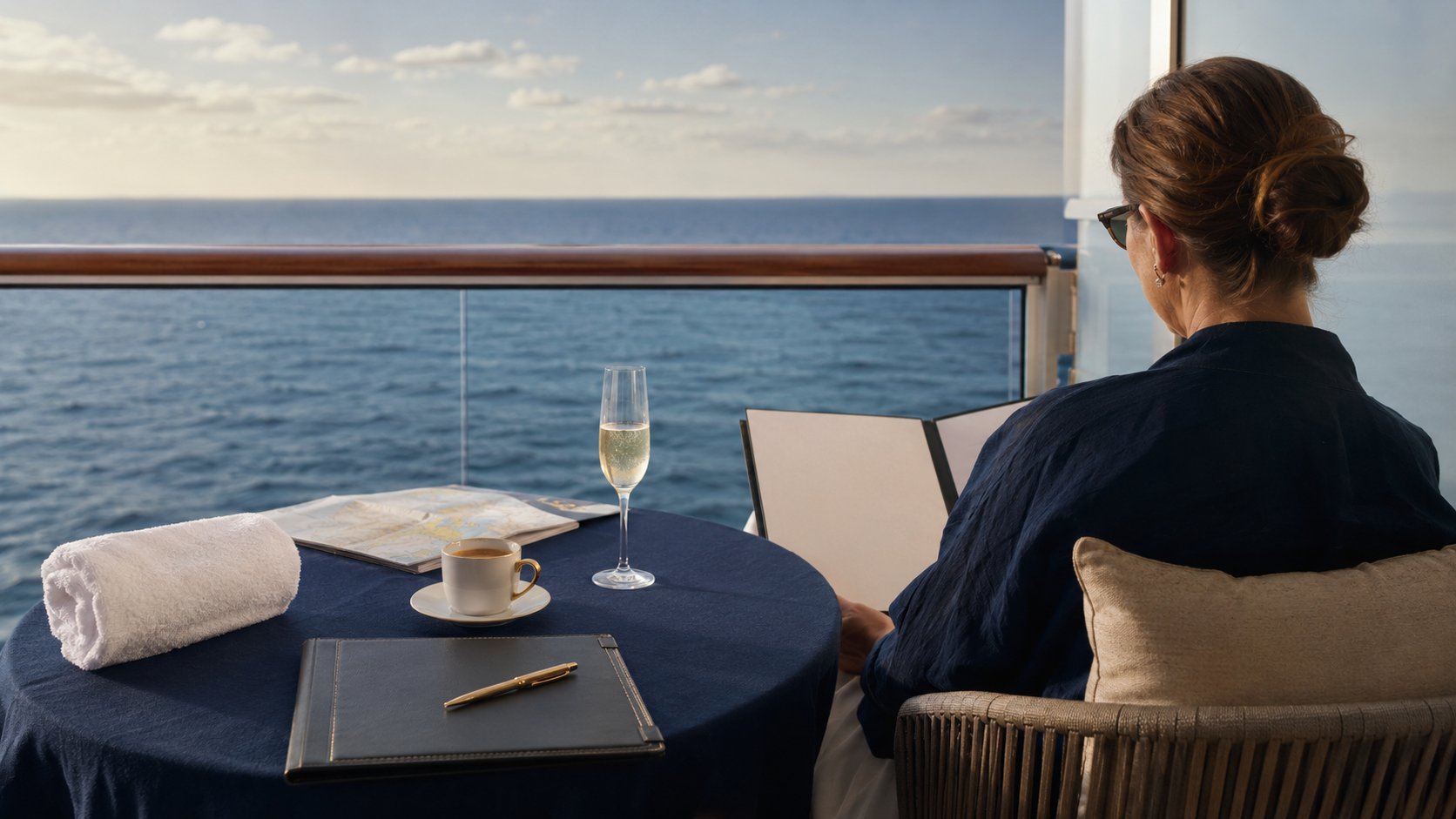 Passagère lisant un menu sur le balcon d'une suite de croisière de luxe avec vue mer