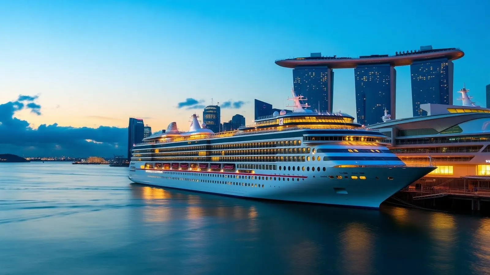 Grand navire de croisière à quai devant la skyline illuminée de Marina Bay à Singapour à l’heure bleue