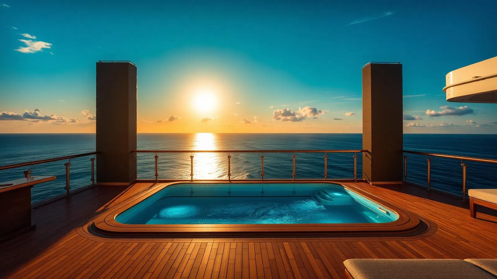Terrasse privative d’une suite de luxe donnant sur l’océan au coucher du soleil