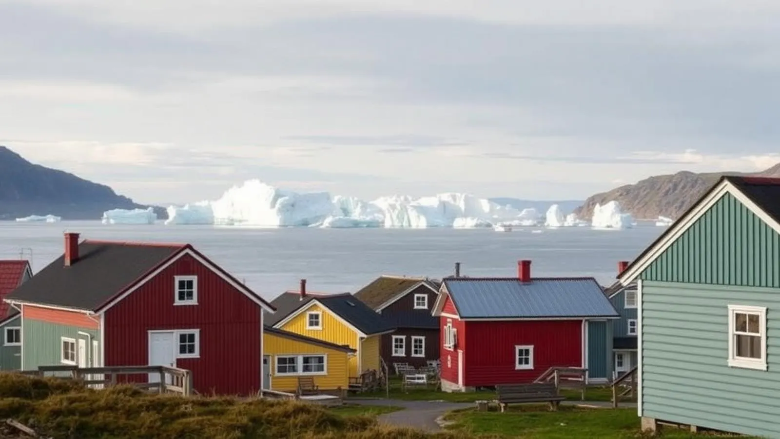 Petit village groenlandais de maisons colorées face à un fjord parsemé d’icebergs
