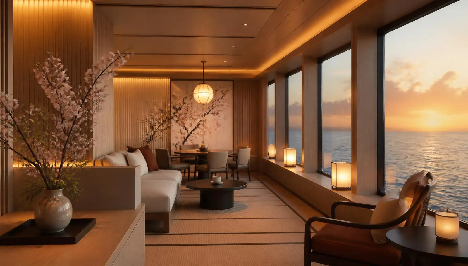 Ambiance japonaise contemporaine à bord d’un navire de croisière