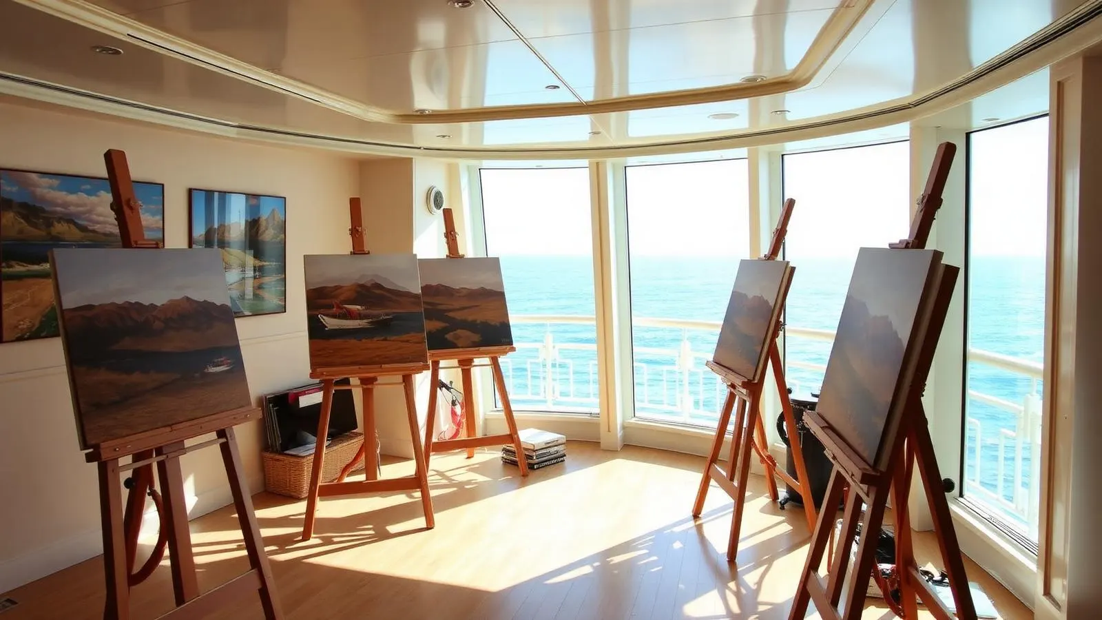 Atelier lumineux à bord d’un navire de croisière avec chevalets et vue sur la mer
