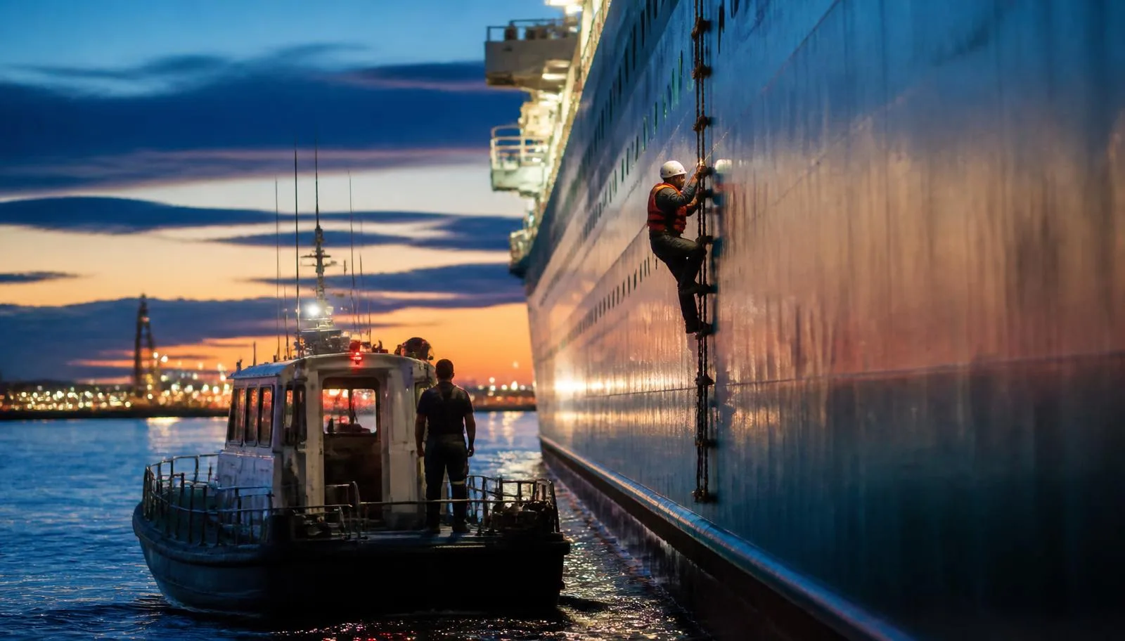 Pilote maritime rejoignant un navire de croisière à l’heure bleue