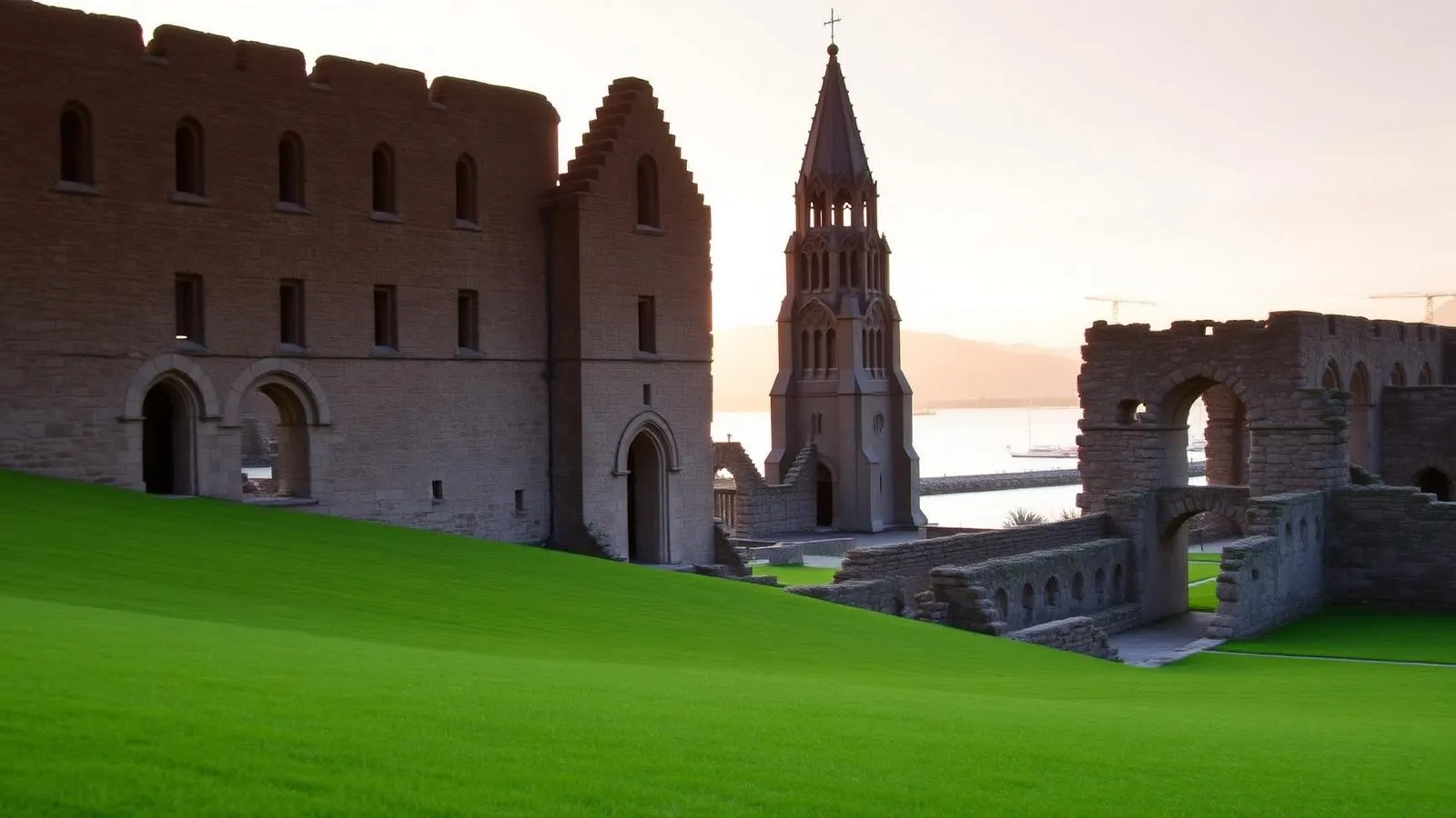 Ruines historiques en grès de la colonie pénitentiaire de Port Arthur en Tasmanie sous une lumière douce