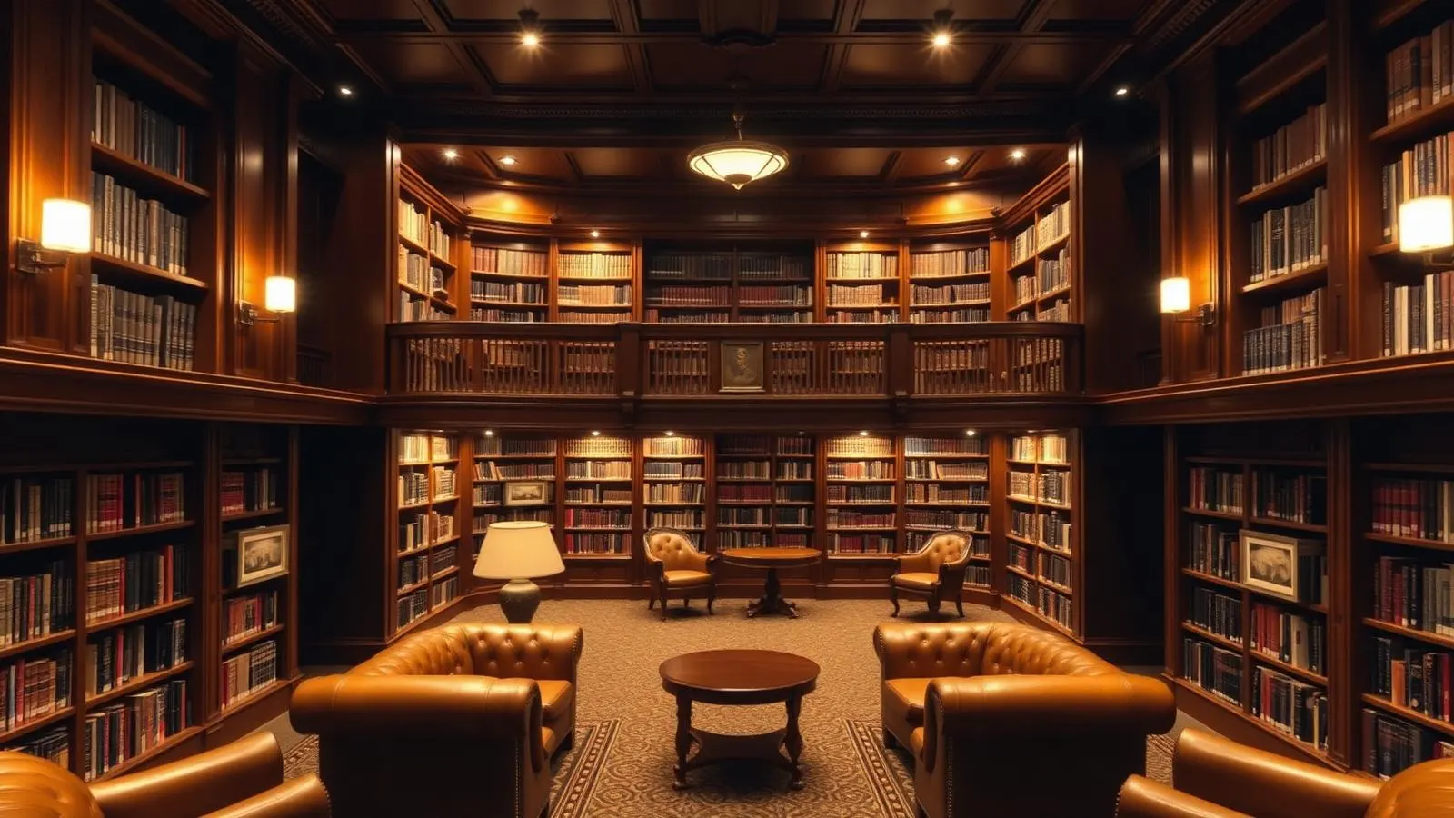 Bibliothèque de bord classique aux boiseries chaudes, fauteuils en cuir et éclairage tamisé