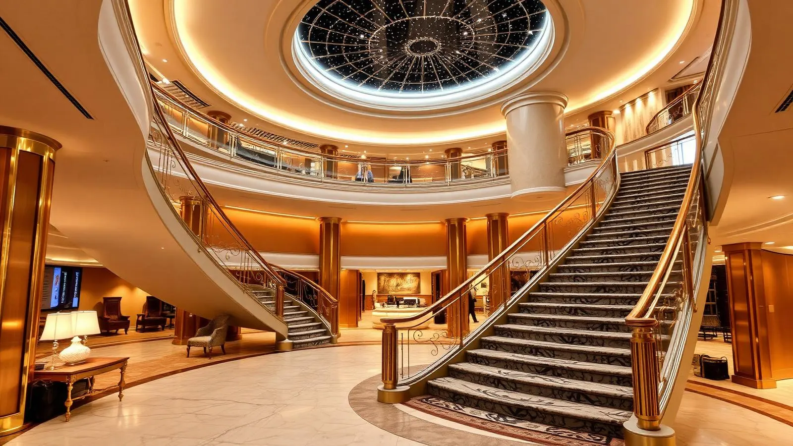 Atrium élégant d’un navire de croisière haut de gamme avec grand escalier et voûte étoilée lumineuse