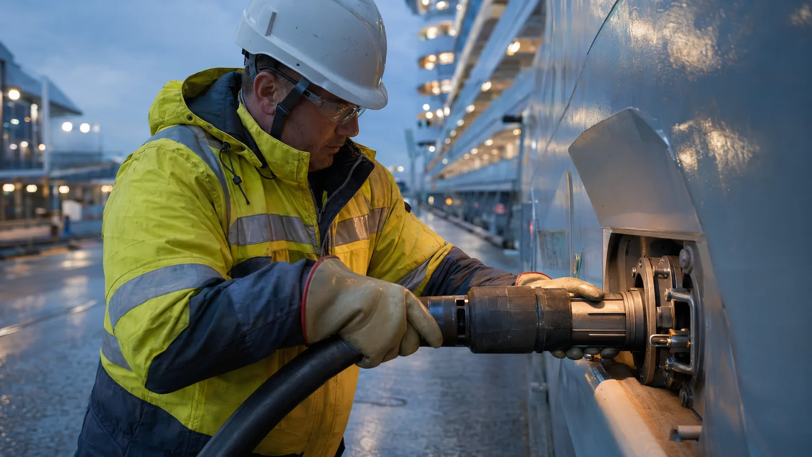 Connexion électrique à quai d’un navire dans un port européen