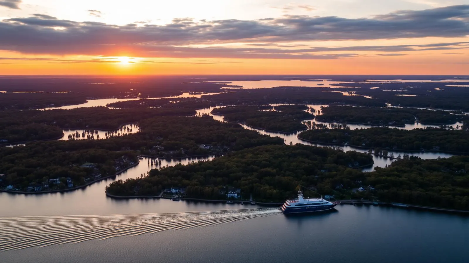 Vue aérienne au coucher du soleil de l’archipel de Stockholm et de ses innombrables îles boisées