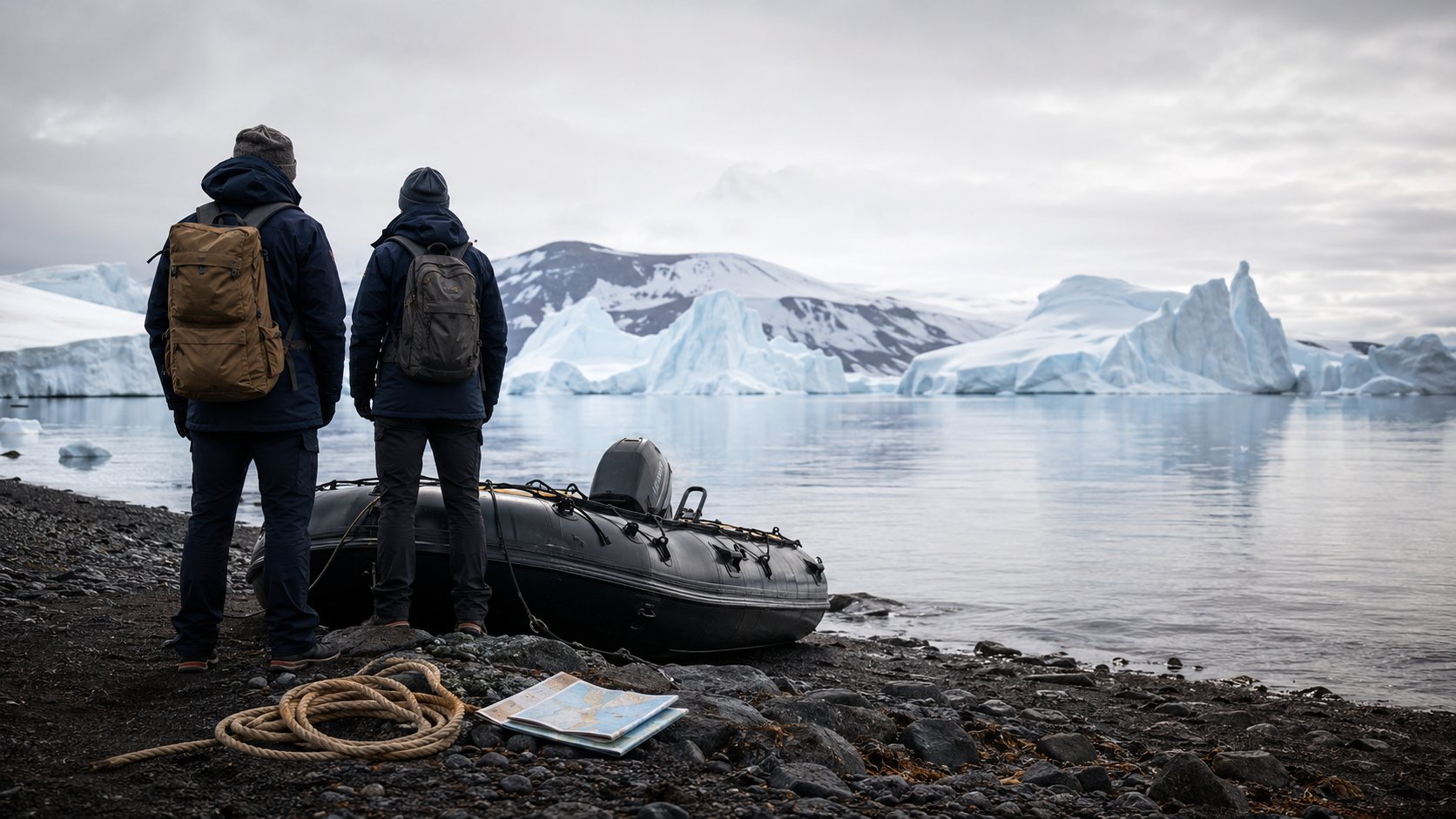 Deux voyageurs d'expédition observant un Zodiac amarré sur une plage glacée face à des icebergs
