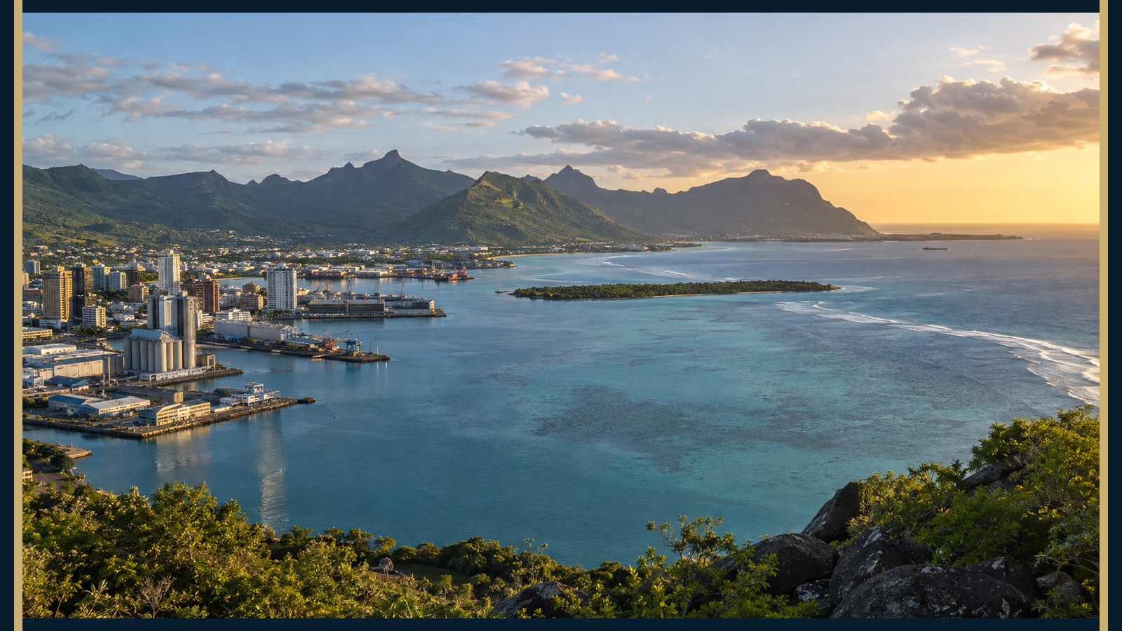 Panorama naturel de Port-Louis, du littoral mauricien et des montagnes volcaniques