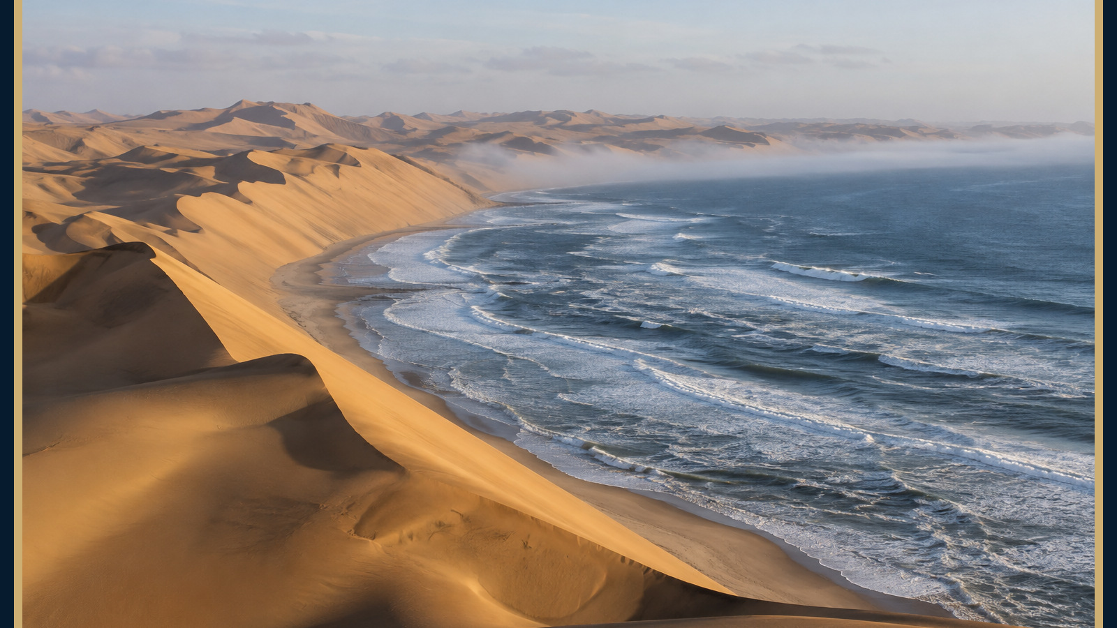 Dunes du Namib descendant vers l’océan Atlantique près de Sandwich Harbour