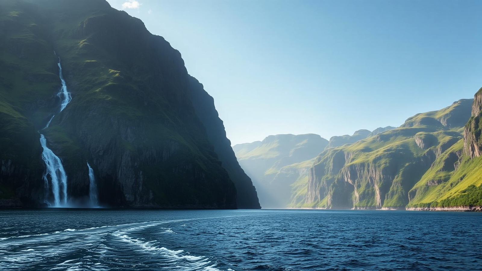Parois vertes et cascades d'un fjord norvégien vues depuis la mer