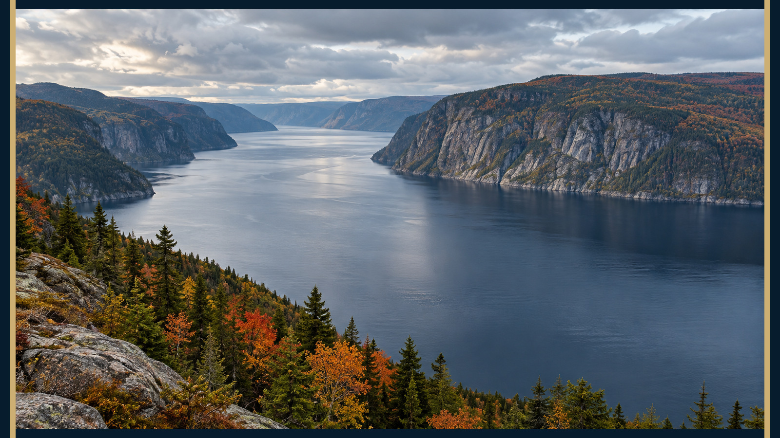 Fjord du Saguenay entouré de forêts aux premières couleurs d’automne