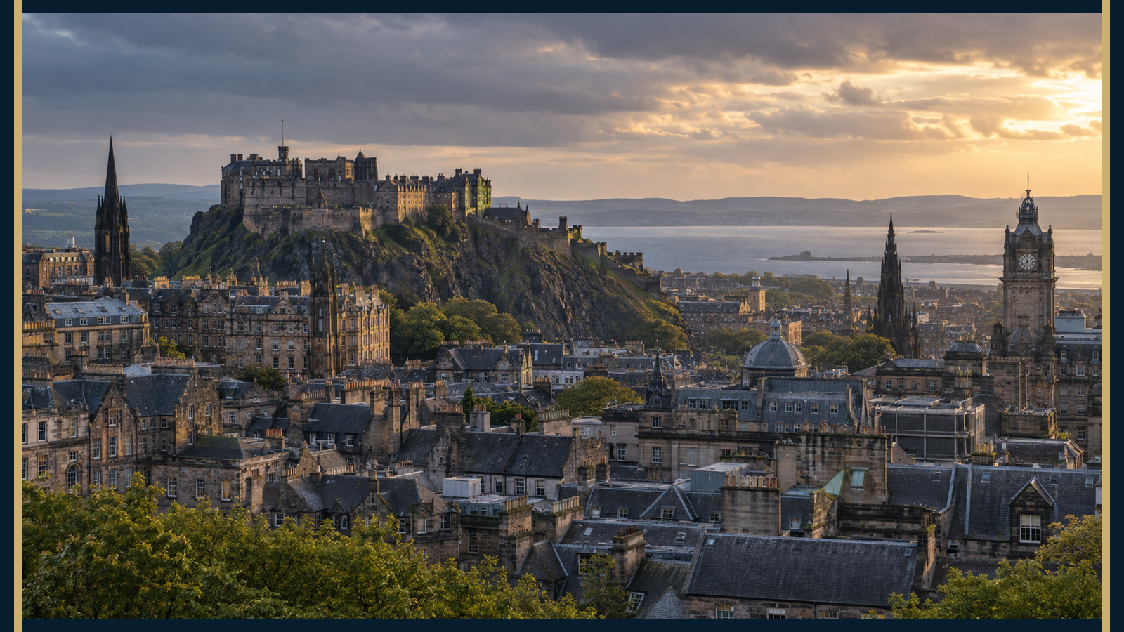 Panorama naturel d’Édimbourg avec la vieille ville et le château sous une lumière écossaise