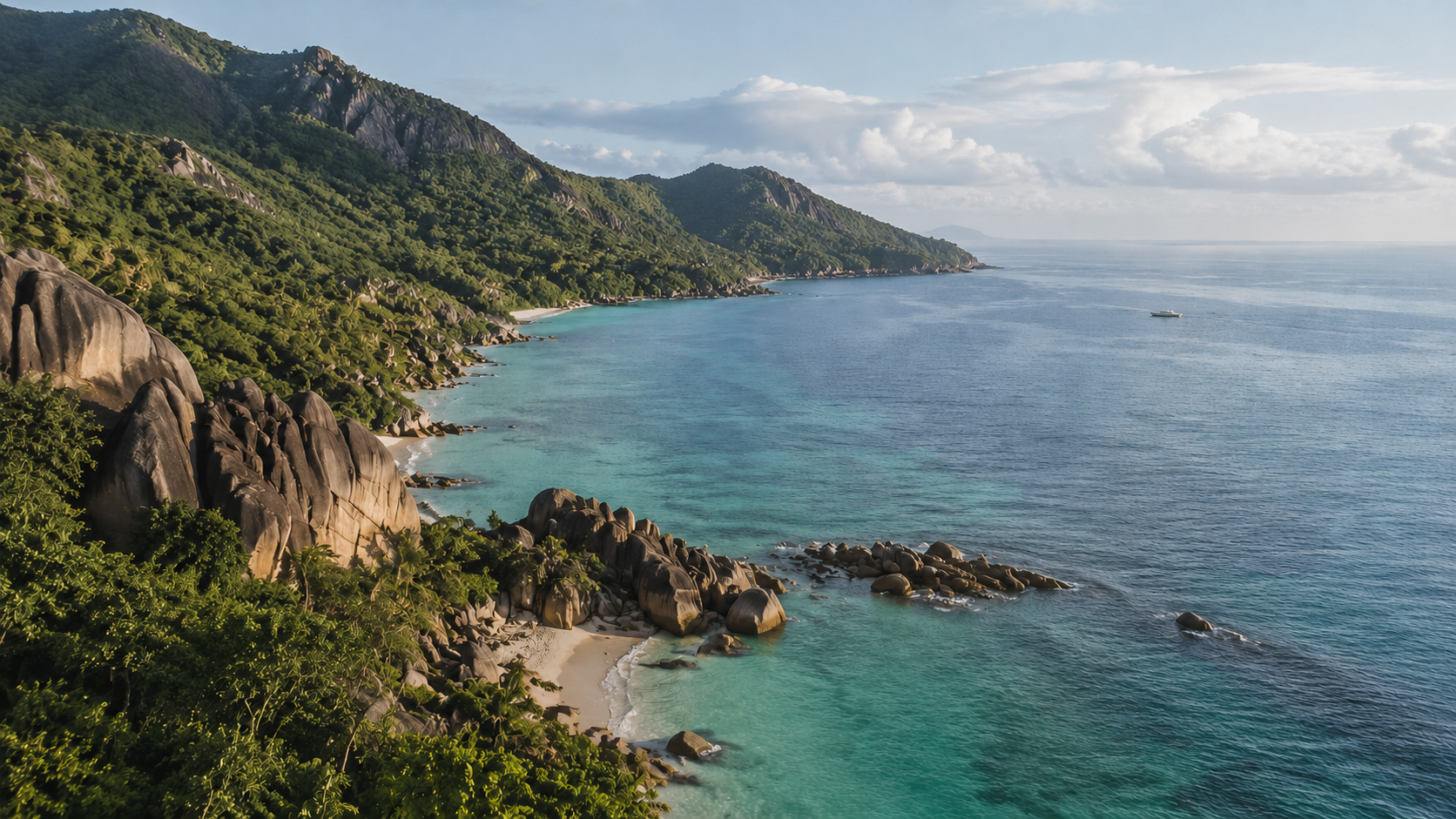 Côte granitique des Seychelles avec lagon turquoise et végétation tropicale