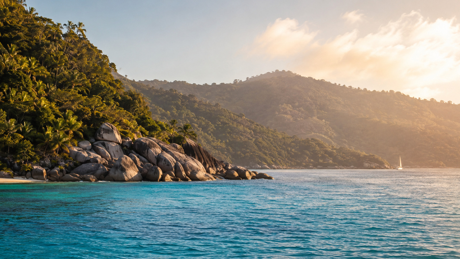 Plage seychelloise bordée de blocs de granite arrondis et d'une eau turquoise peu profonde
